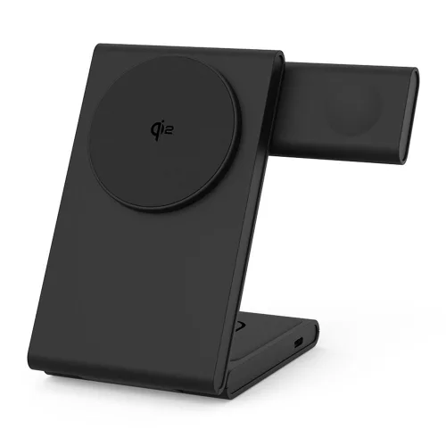 M5 Qi2 3 az 1-ben összecsukható mágneses vezeték nélküli töltőállomás iPhone / Apple Watch / AirPods – Fekete