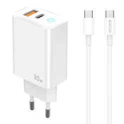   Kétportos 30W USB-C és USB-A hálózati töltő adapter, PD gyorstöltő, QC3.0 gyorstöltő + 1M USB-C - USB-C kábel