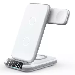   LFX-180 4 az 1-ben vezeték nélküli töltőállomás iPhone, Apple Watch és AirPods töltéséhez, digitális óra kijelzővel és ébresztő funkcióval