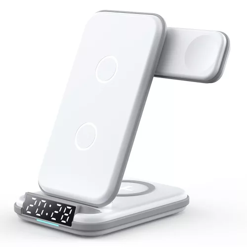 LFX-180 4 az 1-ben vezeték nélküli töltőállomás iPhone, Apple Watch és AirPods töltéséhez, digitális óra kijelzővel és ébresztő funkcióval