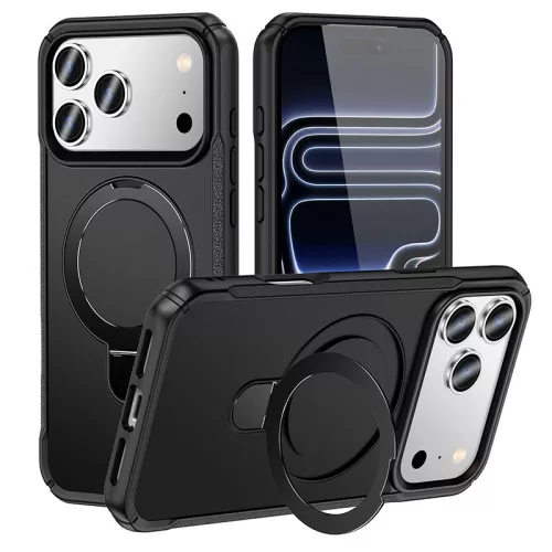 MagnoFold fekete MagSafe kompatibilis iPhone 17 Pro / iPhone 18 Pro védőtok kihajtható gyűrűvel