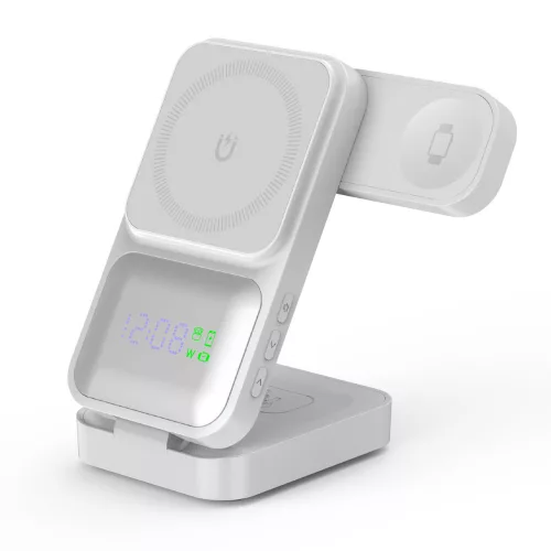 S1 MagTime töltőállomás iPhone, Apple Watch és Airpods készülékekhez, óra funkcióval, fehér