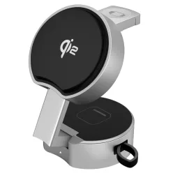   B30 Qi2 15W 3 az 1-ben összecsukható mágneses töltőállomás kihúzható kábellel – iPhone, Apple Watch és AirPods készülékekhez – ezüst/fekete