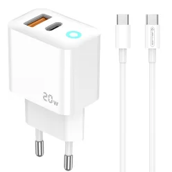   Kétportos 20W USB-C és USB-A hálózati töltő adapter, PD gyorstöltő, QC3.0 gyorstöltő + 1M USB-C - USB-C kábel