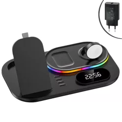   A06 30W 4 az 1-ben vezeték nélküli töltőállomás órával, led világítással - fekete