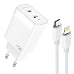   45W kétportos USB-C hálózati töltő adapter, PD gyorstöltő + USB-C - Lightning kábel (1m)